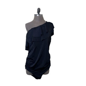 CACIQUE LANE BRYANT BLACK ONE SHOULDER RUFFLE SWIM ONE PIECE SWIMSUIT 24 NO WIRE